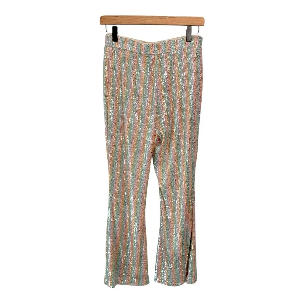 Chelsea & Violet Girls Sequin Bell Bottom Pink Silver Rainbow Pants NEW Size L